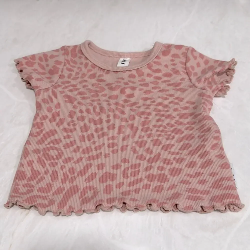 HuxBaby Animal Rib Tee + Short Set Sz 12-18 Pink Leopard Spring Summer MSRP $59
